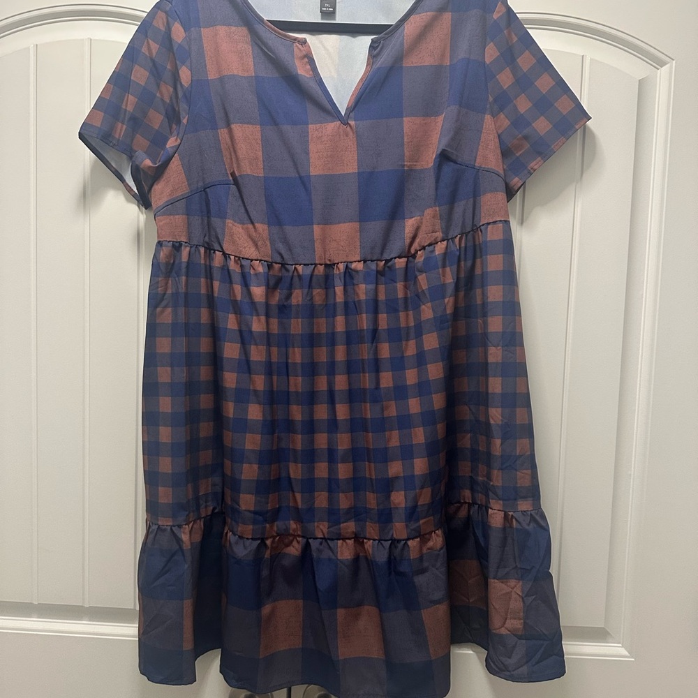 NWOT- Plaid Blue and Brown Dress 2XL
